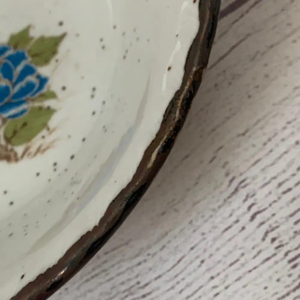 Vintage Japanese Speckled Stoneware Bowl Blue Poppy Peony Floral Scalloped Rim
